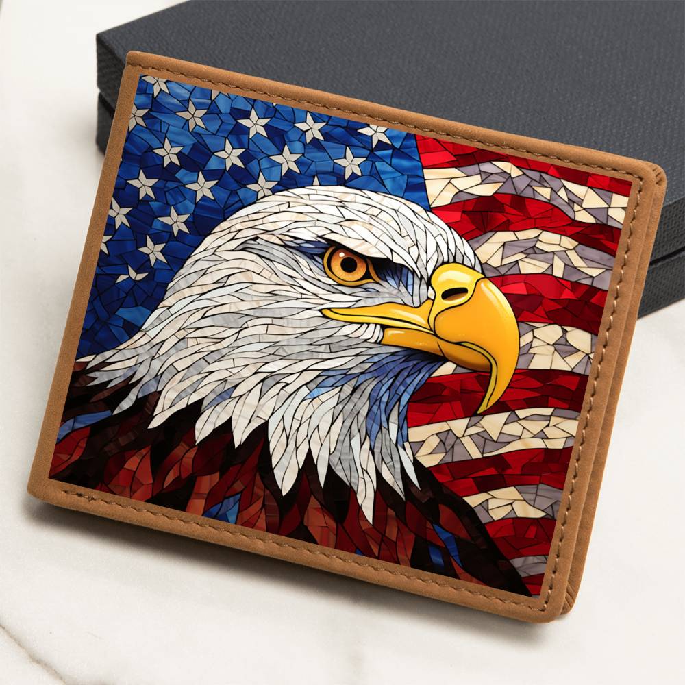 American Bald Eagle Bird, Stained Glass USA Design, Graphic Leather Wallet