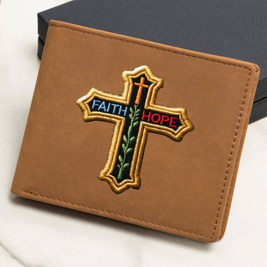 Faith Hope, Christian Cross, Chenille Patch Graphic, Leather Wallet