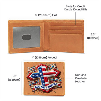 God Bless America, Christian Faith Cross, USA Patriotic, Chenille Patch Graphic, Leather Wallet