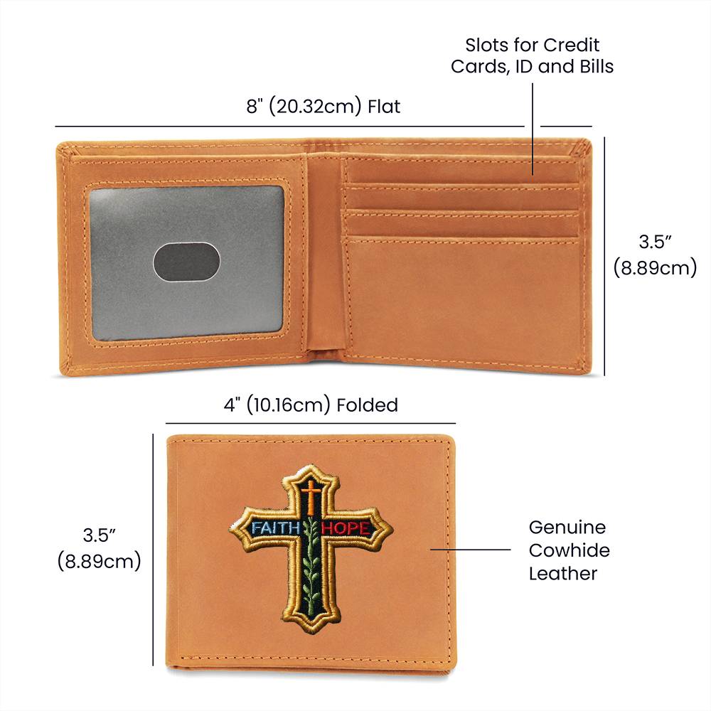 Faith Hope, Christian Cross, Chenille Patch Graphic, Leather Wallet