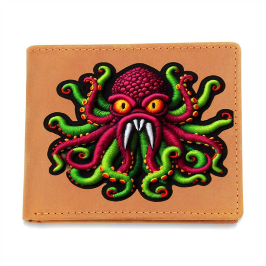 Alien Octopus Kraken, gráfico de parche de chenilla, cartera de cuero