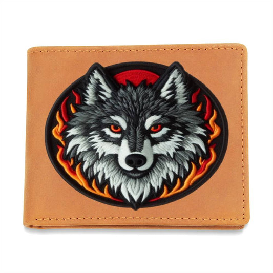 Lobo, gráfico de parche de chenilla, cartera de cuero