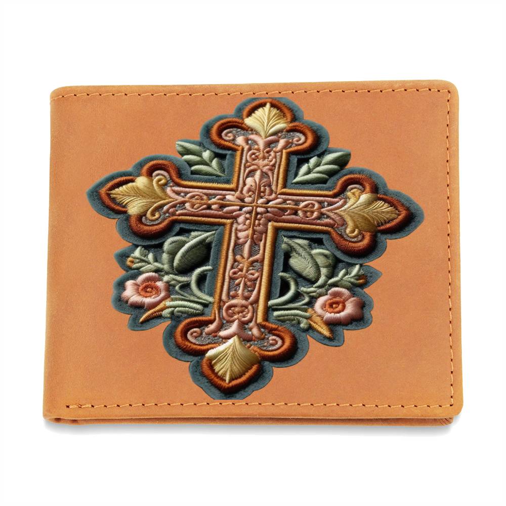 Cruz de fe cristiana, gráfico de parche de chenilla, cartera de cuero