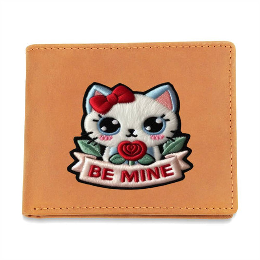 Kawaii Kitty, Valentine Be Mine. Japanese Kitten, Chenille Patch Cat Graphic, Leather Wallet