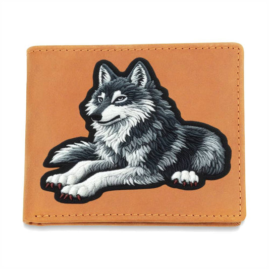 Animal lobo peludo, gráfico de parche de chenilla, cartera de cuero