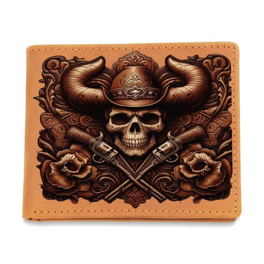 Wild West Skull Cowboy, Leather Tooled Graphic, Leather Wallet