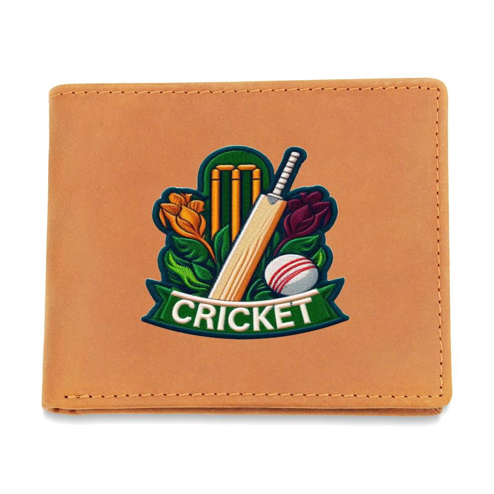 Cricket Sport, gráfico de parche de chenilla, cartera de cuero