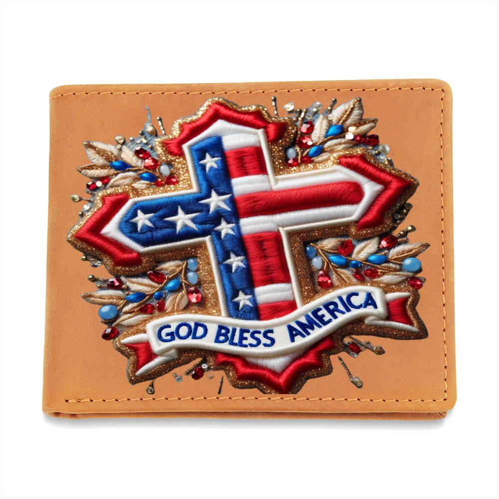 God Bless America, Christian Faith Cross, USA Patriotic, Chenille Patch Graphic, Leather Wallet