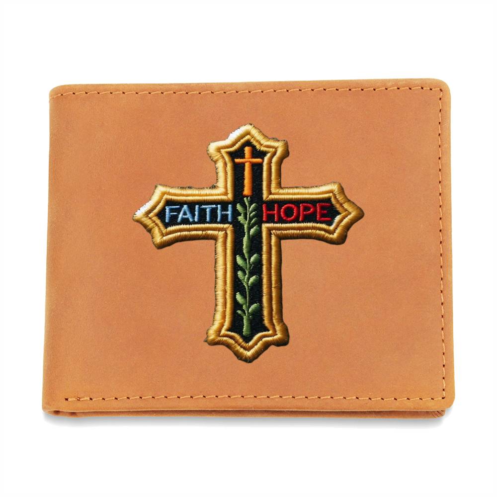 Faith Hope, Christian Cross, Chenille Patch Graphic, Leather Wallet