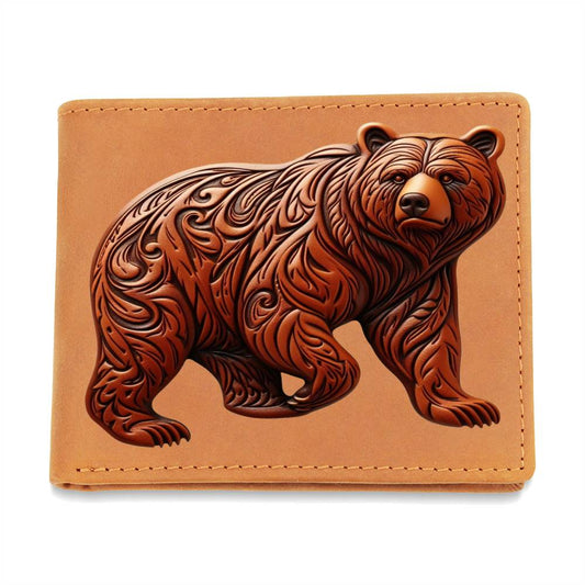 Grizzly Bear, Brown Tooled Leather Graphic, Leather Wallet
