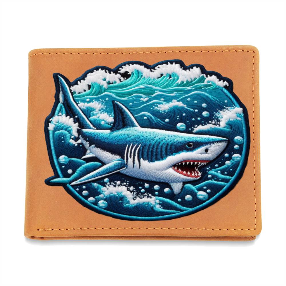 Tiburón marino azul, gráfico de parche de chenilla, cartera de cuero