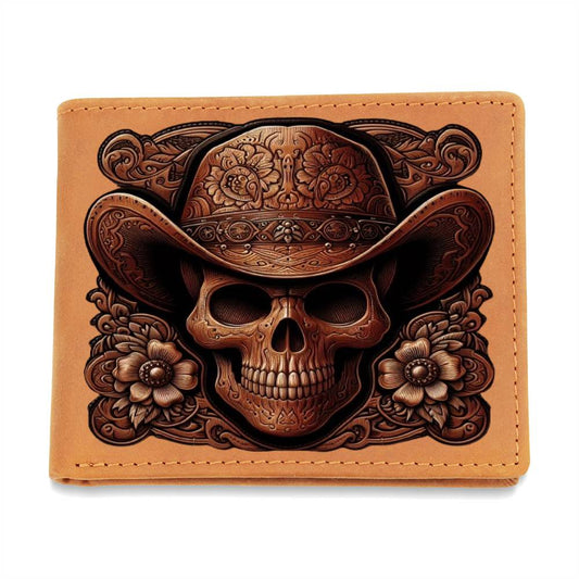 Cowboy Skull, Tooled Leather Graphic, Leather Wallet