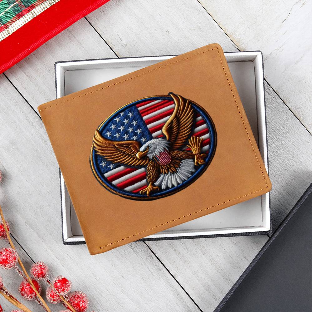 Bald Eagle USA Flag, American Chenille Patch Graphic, Leather Wallet