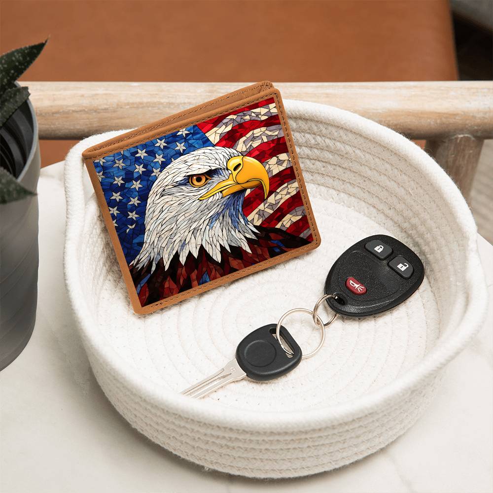 American Bald Eagle Bird, Stained Glass USA Design, Graphic Leather Wallet