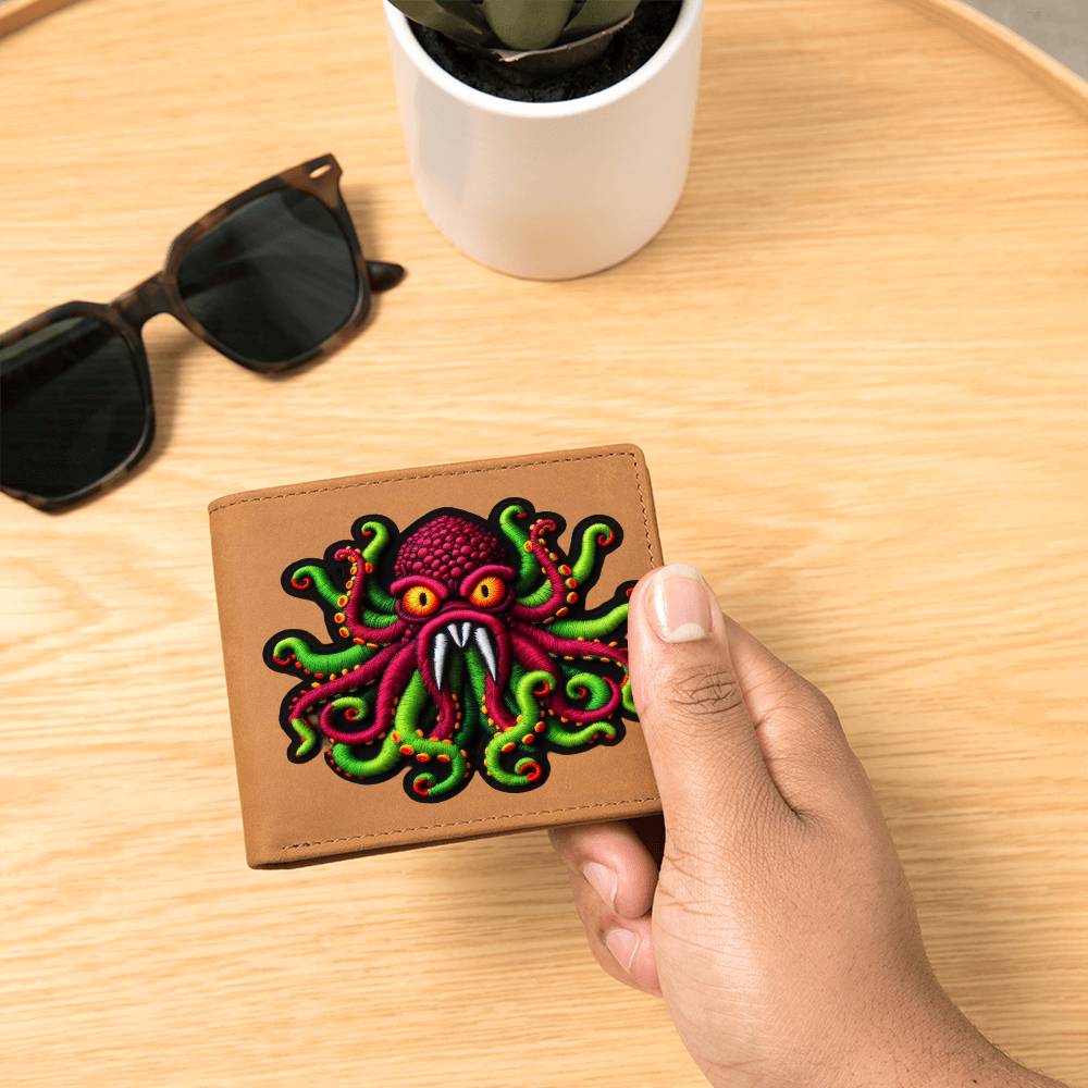 Alien Octopus Kraken, Chenille Patch Graphic, Leather Wallet