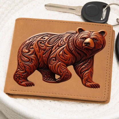 Grizzly Bear, Brown Tooled Leather Graphic, Leather Wallet