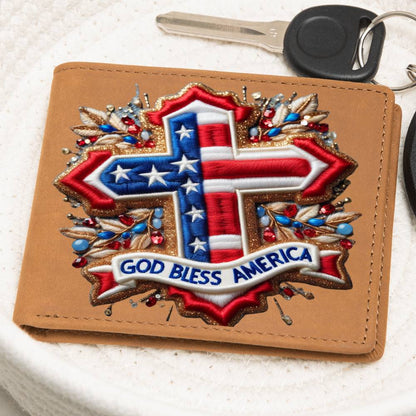 God Bless America, Christian Faith Cross, USA Patriotic, Chenille Patch Graphic, Leather Wallet