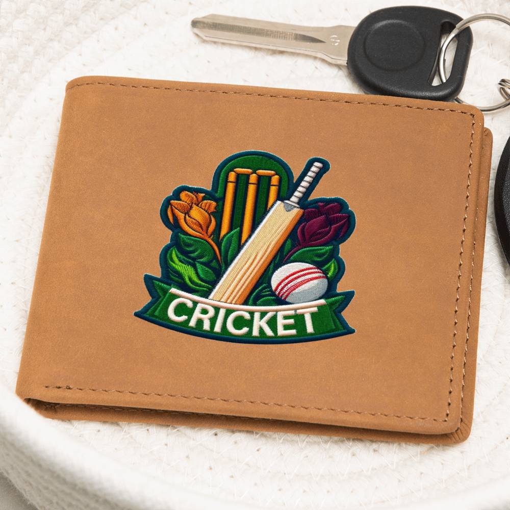 Cricket Sport, gráfico de parche de chenilla, cartera de cuero