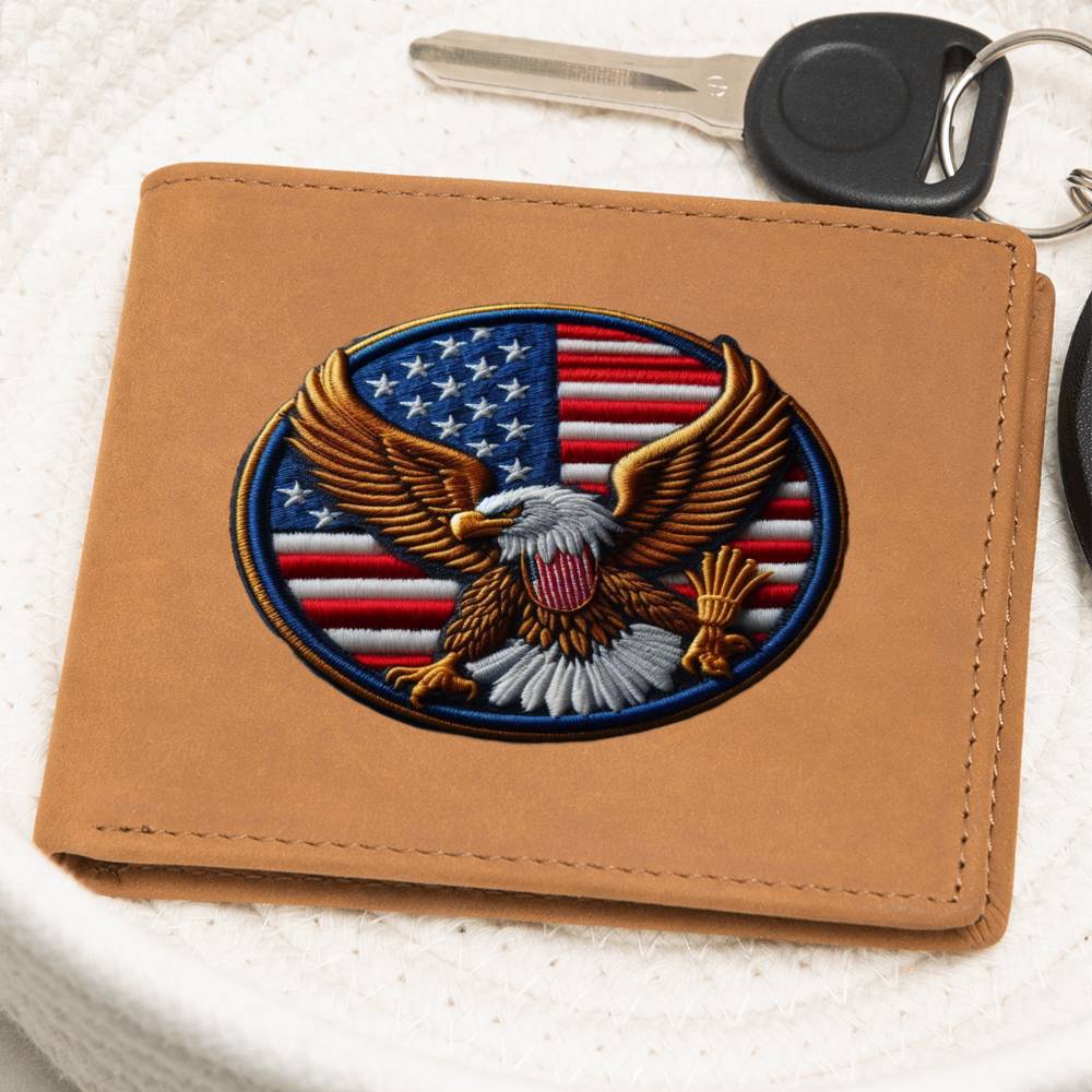 Bald Eagle USA Flag, American Chenille Patch Graphic, Leather Wallet