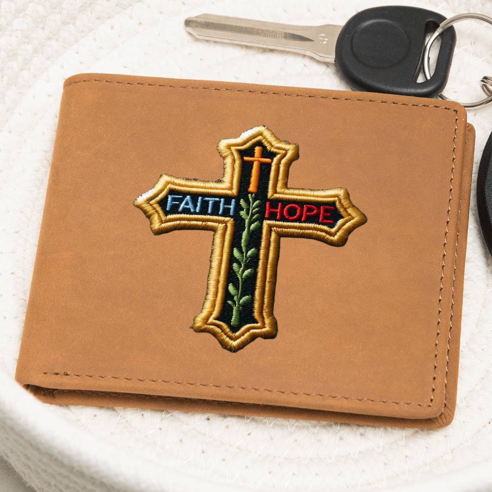 Faith Hope, Christian Cross, Chenille Patch Graphic, Leather Wallet