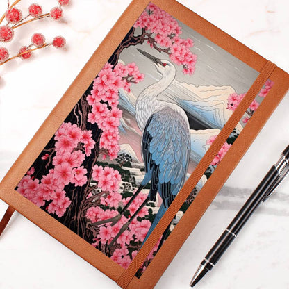 Sakura Blossoms Majestic Crane - Japonés, Regalo de cumpleaños para papá, Indigo tradicional y Monte Fuji - Cuaderno gráfico de diario de cuero vegano