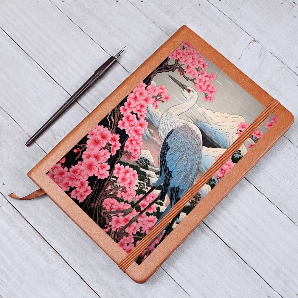 Sakura Blossoms Majestic Crane - Japonés, Regalo de cumpleaños para papá, Indigo tradicional y Monte Fuji - Cuaderno gráfico de diario de cuero vegano