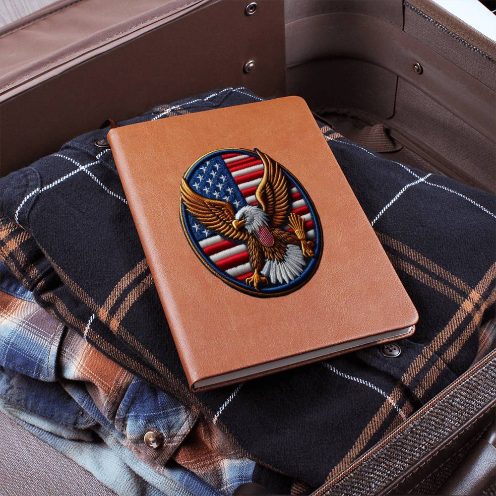 Bald Eagle USA Flag, American Chenille Patch Graphic, Vegan Leather Journal Notebook