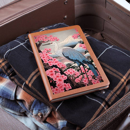 Sakura Blossoms Majestic Crane - Japonés, Regalo de cumpleaños para papá, Indigo tradicional y Monte Fuji - Cuaderno gráfico de diario de cuero vegano