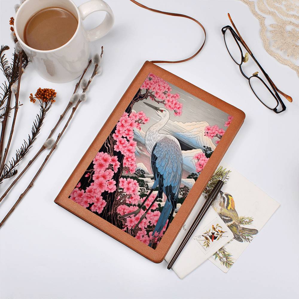 Sakura Blossoms Majestic Crane - Japonés, Regalo de cumpleaños para papá, Indigo tradicional y Monte Fuji - Cuaderno gráfico de diario de cuero vegano