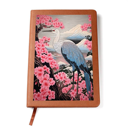 Sakura Blossoms Majestic Crane - Japonés, Regalo de cumpleaños para papá, Indigo tradicional y Monte Fuji - Cuaderno gráfico de diario de cuero vegano