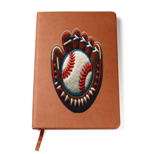 Baseball Sport Mitt and Glove, Chenille Patch Graphic, Vegan Leather Journal Notebook