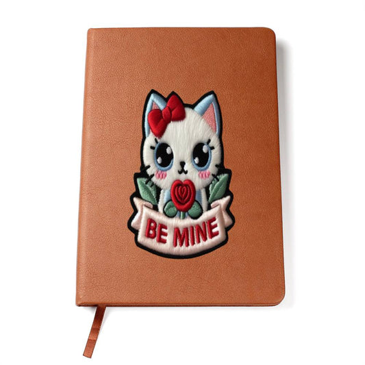 Kawaii Kitty, Valentine Be Mine. Japanese Kitten, Chenille Patch Cat Graphic, Leather Journal, Leather Notebook