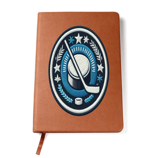 Ice Hockey Puck, Sport Game, Chenille Patch Graphic, Vegan Leather Journal Notebook