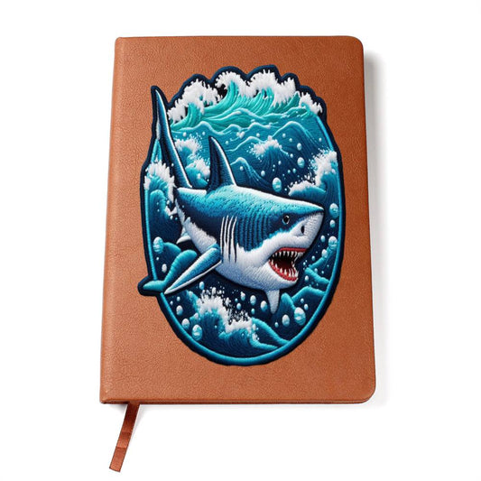 Blue Ocean Shark, Chenille Patch Graphic, Vegan Leather Journal Notebook