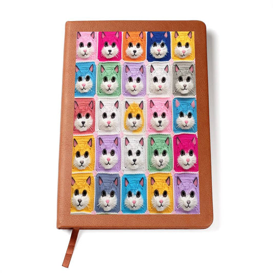 Crochet Cat, Summer Cotton, Feline, Retro Cat Cardigan, Kitten Crochet Cotton Creation - Graphic Vegan Leather Journal Notebook