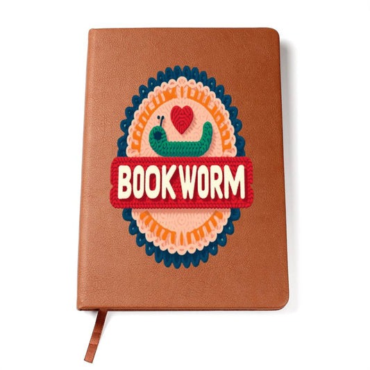 Crochet Bookworm Illustration: Cozy Reader Embroidered Patch Design - Ideal for Bibliophile - Graphic Vegan Leather Journal Notebook