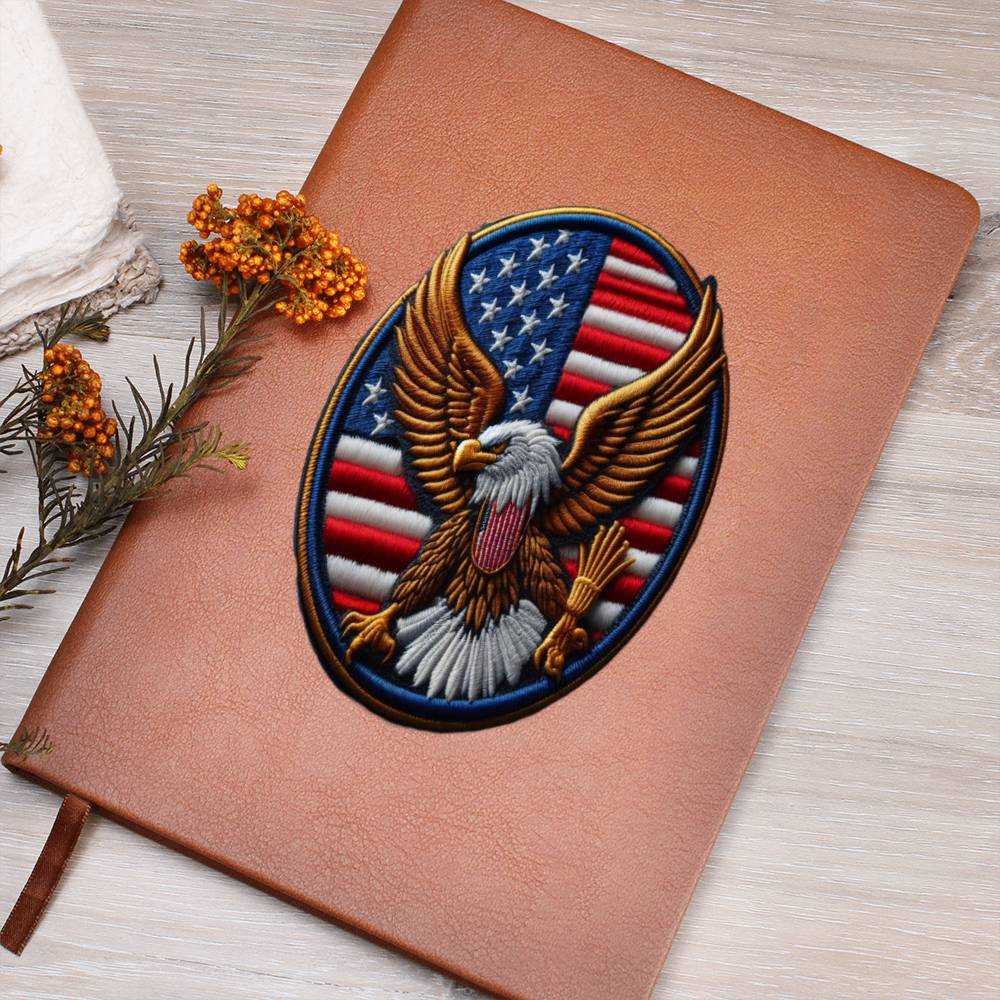 Bald Eagle USA Flag, American Chenille Patch Graphic, Vegan Leather Journal Notebook