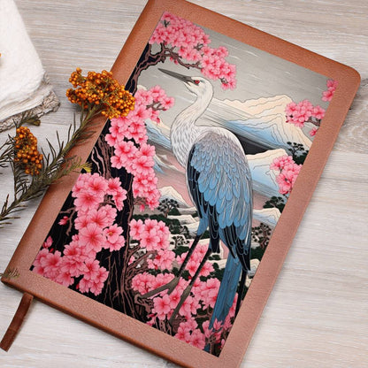 Sakura Blossoms Majestic Crane - Japonés, Regalo de cumpleaños para papá, Indigo tradicional y Monte Fuji - Cuaderno gráfico de diario de cuero vegano