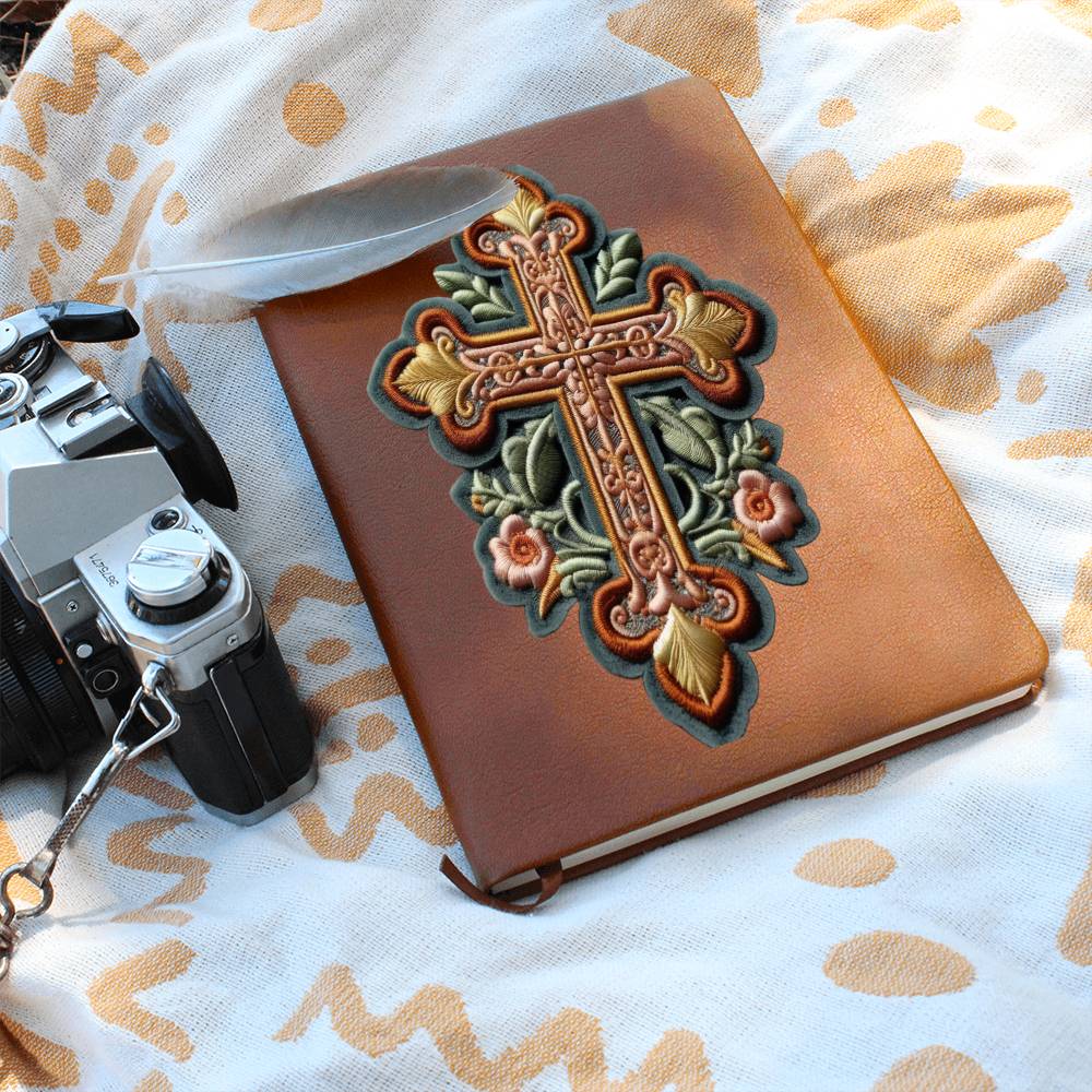 Christian Faith Cross, Chenille Patch Graphic, Vegan Leather Journal Notebook