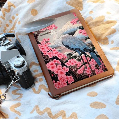 Sakura Blossoms Majestic Crane - Japonés, Regalo de cumpleaños para papá, Indigo tradicional y Monte Fuji - Cuaderno gráfico de diario de cuero vegano