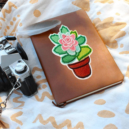 Chenille Iron-On Patch Design, Potted Succulent Flower, Graphic Leather Journal