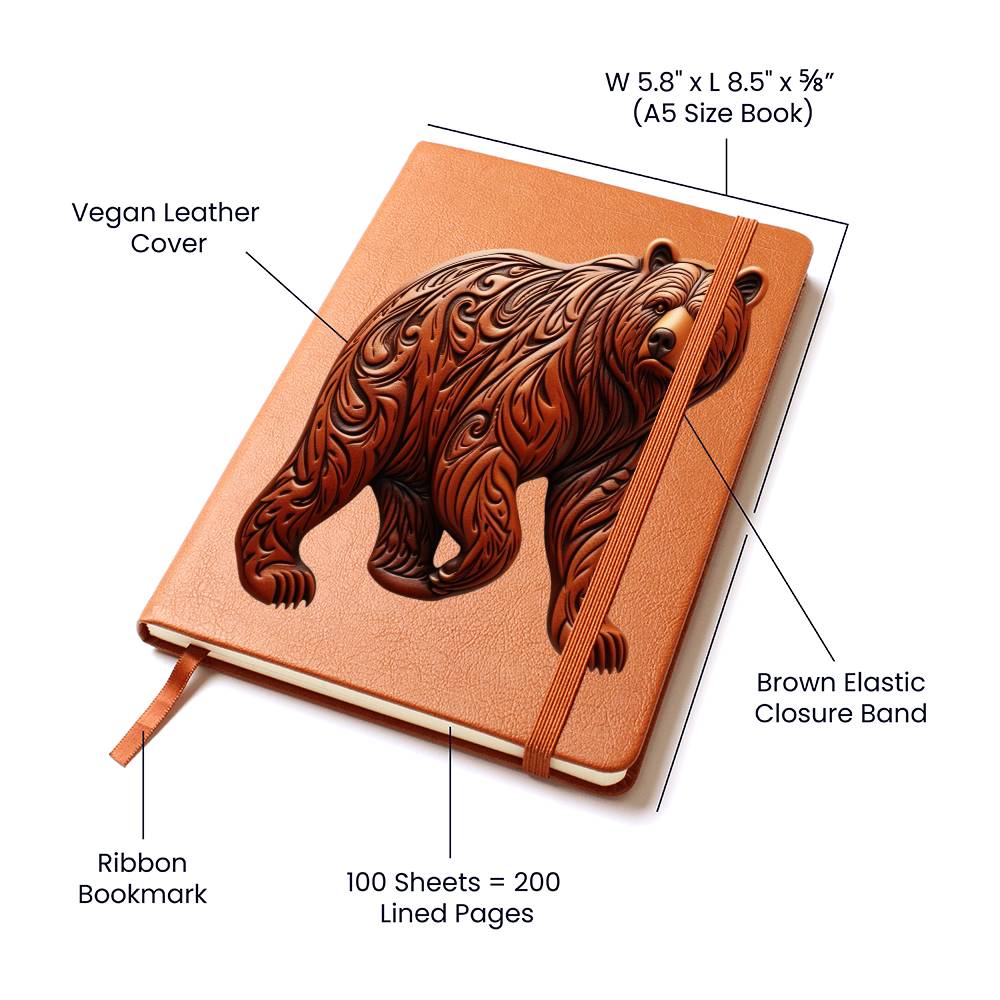 Grizzly Bear, Brown Tooled Leather Graphic, Leather Journal, Leather Notebook