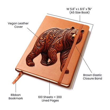 Grizzly Bear, Brown Tooled Leather Graphic, Leather Journal, Leather Notebook