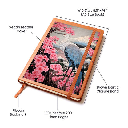 Sakura Blossoms Majestic Crane - Japonés, Regalo de cumpleaños para papá, Indigo tradicional y Monte Fuji - Cuaderno gráfico de diario de cuero vegano