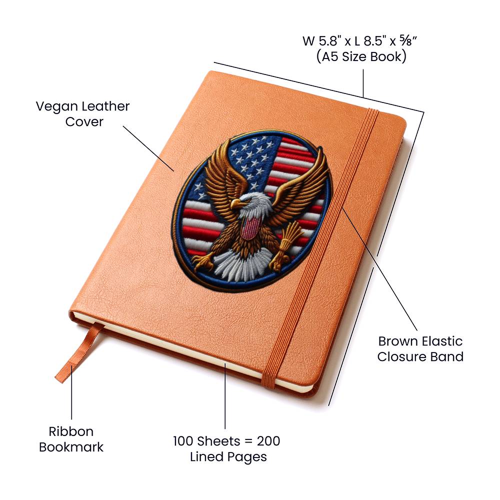 Bald Eagle USA Flag, American Chenille Patch Graphic, Vegan Leather Journal Notebook