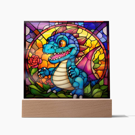 Cute Baby Dragon, Stained Glass Graphic, Light Up, Square Acrylic Plaque