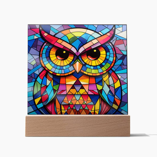 Pastel Paint Owl Bird, Faux Stained Glass, Light Up, Square Acrylic Plaque