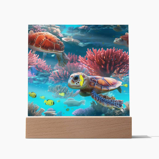 Virtual Aquarium Sea Turtle, Fish Night Light, Kids Room Decor, Children Gift, Square Acrylic Plaque