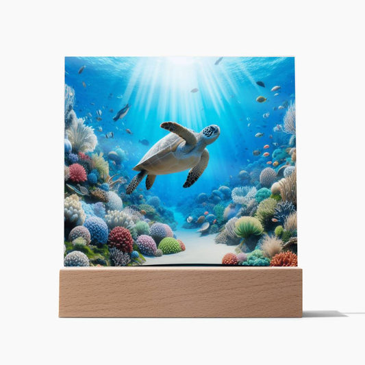 Sea Turtle, Virtual Aquarium, Night Light, Kids Decor, Children Gift, Square Acrylic Plaque