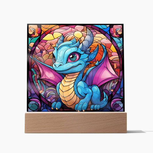 Dragon Gamer Style, Stained Glass Graphic, Light Up, Square Acrylic Plaque